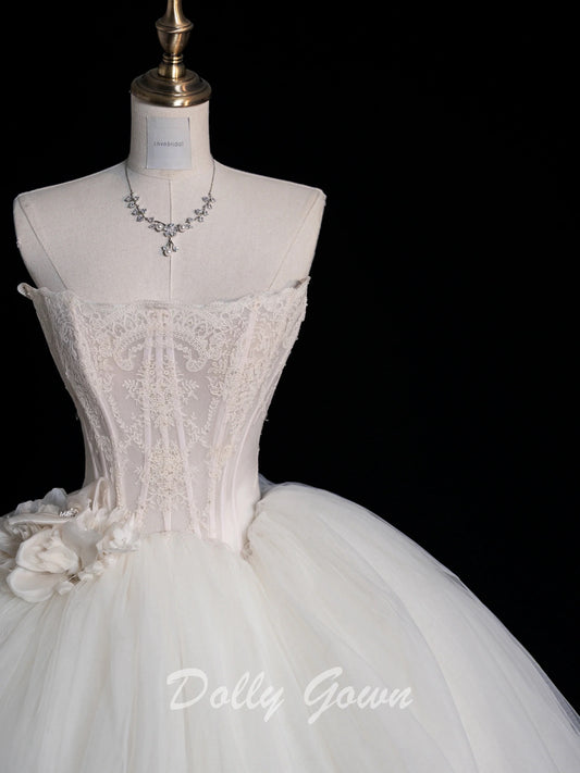 Princess Romantic Ruffle Illusion Neck Ball Gown Wedding Dress
