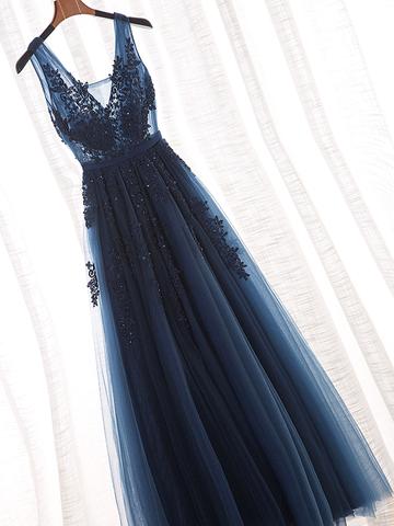 blue flowy prom dress