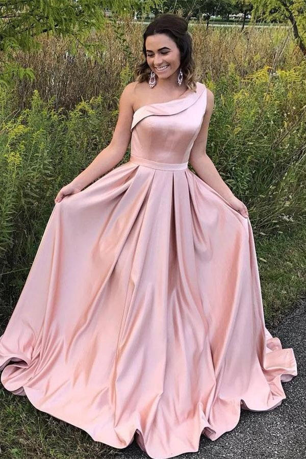Simple Elegant One Shoulder Pink Box Pleated Prom Dress With Pockets Dolly Gown