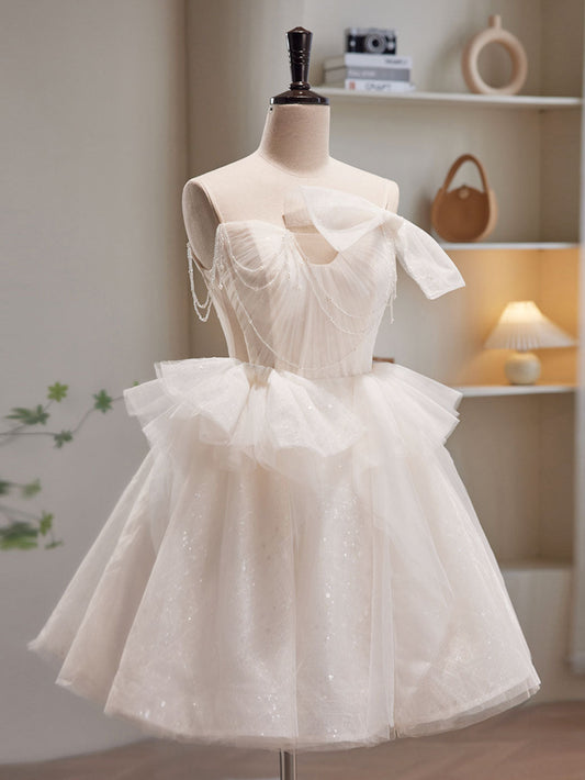 Romantic Flowy Sheer Tulle Short White Prom Dress Occasion Dress