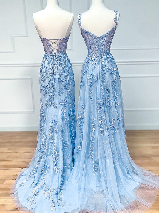 Dusty Blue A-line Spaghetti Strap Lace Prom Dress