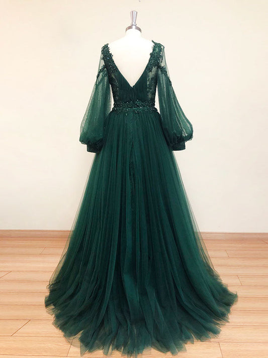 Emerald Green Tulle Corset Top Formal Midi Dress