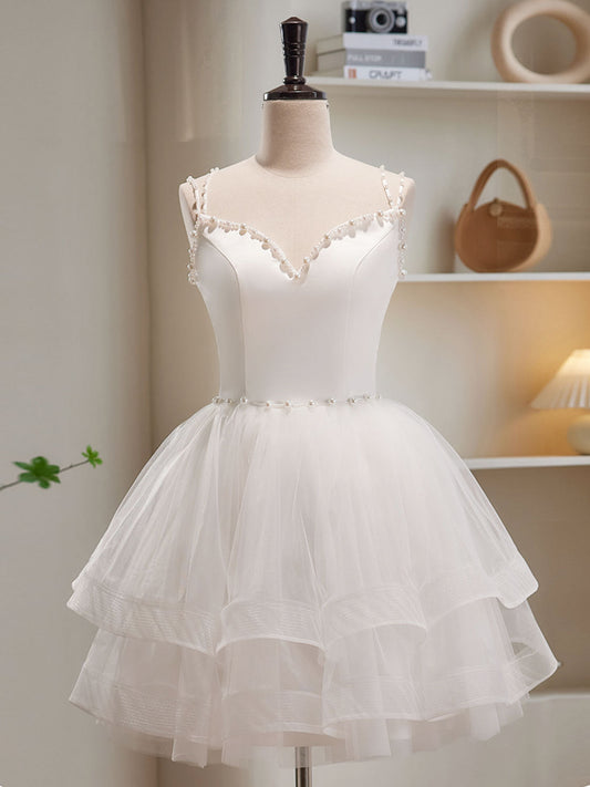 Romantic Flowy Sheer Tulle Short White Prom Dress Occasion Dress