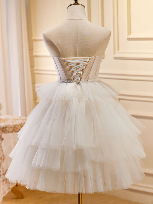 Romantic Flowy Sheer Tulle Short White Prom Dress Occasion Dress