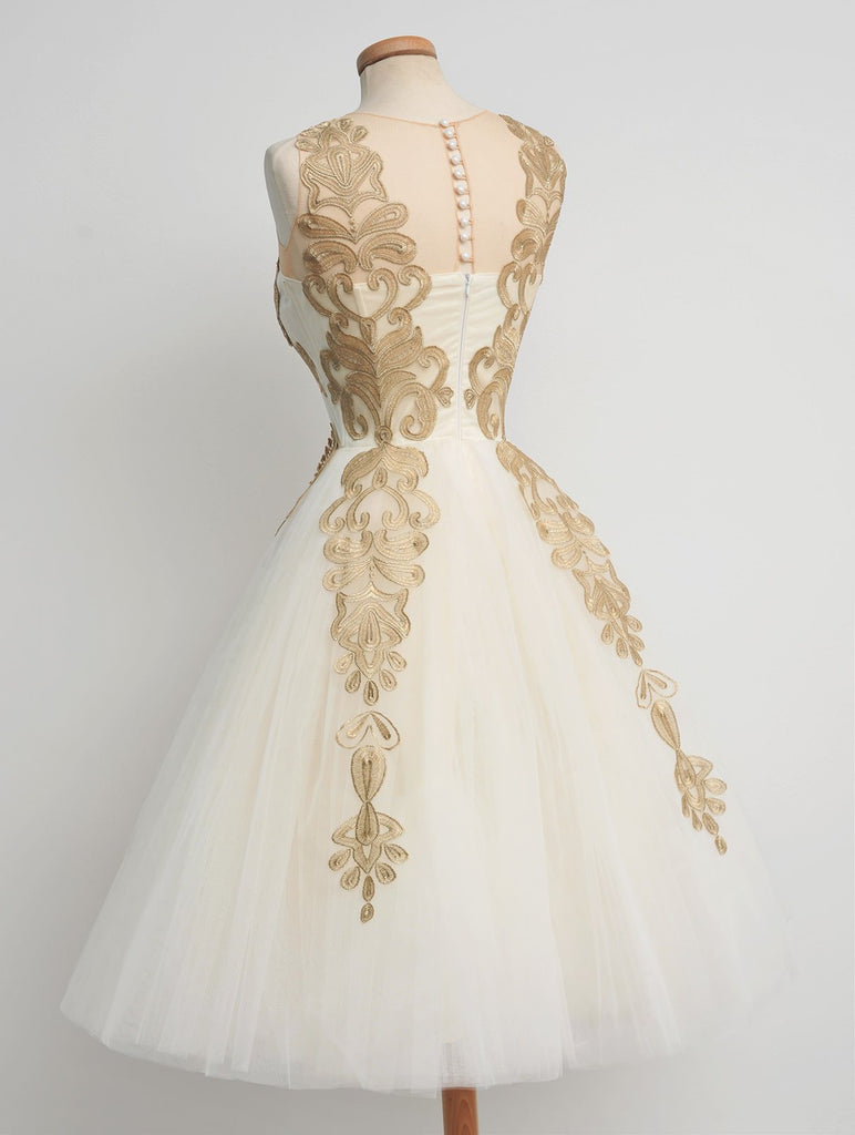 50s Vintage Tea Length Prom Dress with Gold Lace Appliques,GDC1209