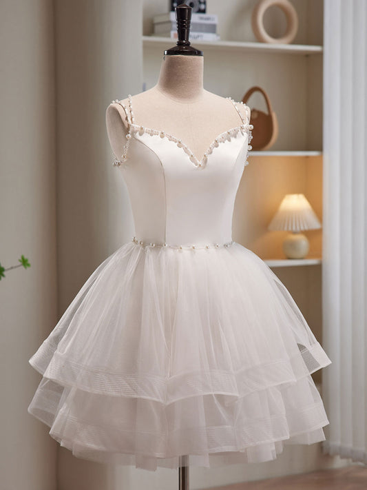 Romantic Flowy Sheer Tulle Short White Prom Dress Occasion Dress