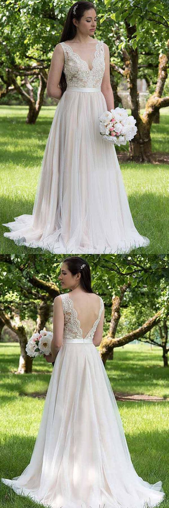 A-line V neck lace top country wedding dress