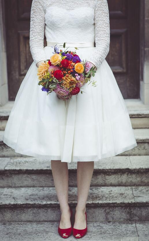 Retro inspired Long Sleeved Lace Wedding Dress Tea Length