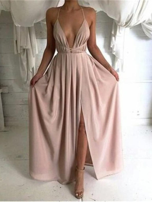 Fashion Dusty Pink 2 piece Slit Prom Dress with Pockets