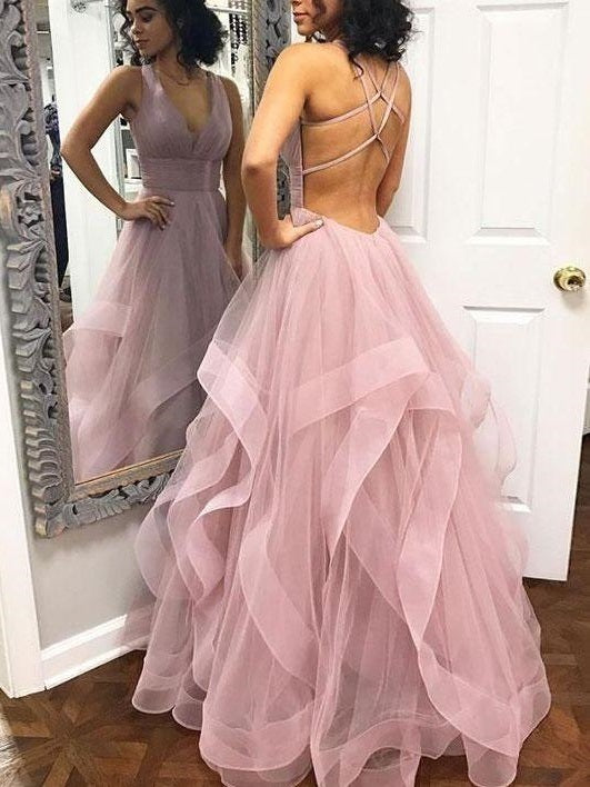 Backless Pale Pink Ball Gown Ruffle Tulle Bottom Prom Gownformal Long Dolly Gown 