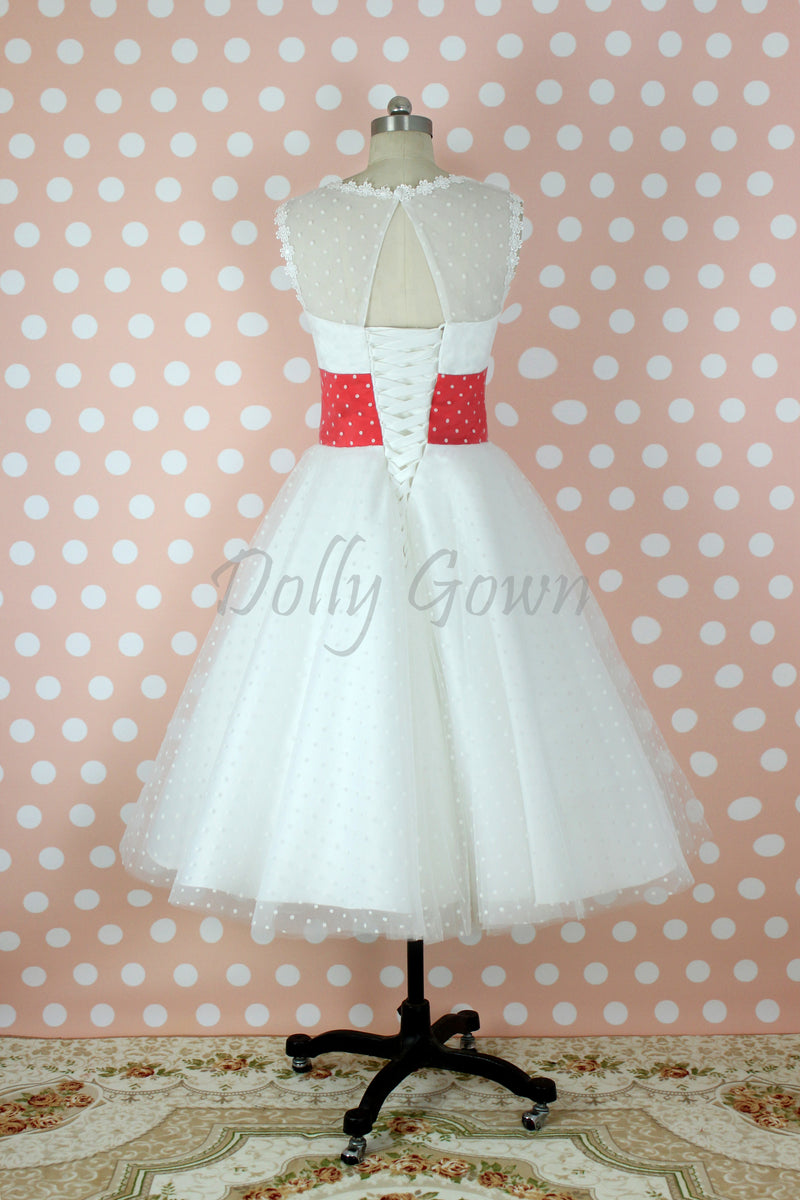 Bateau Polka Dots 50s Style Tea Length Wedding Dress with Red Waist Panel, GDC1521-Dolly Gown