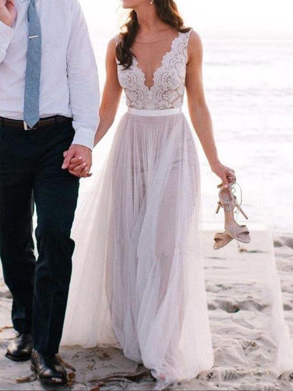 Beach Flowy Off the Shoulder Two Piece Lace Wedding Dress