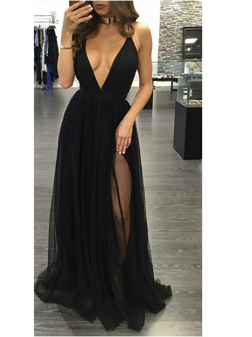 Boho Black Flowy Long Prom Dress,Sexy Plunge V neck Evening Dress,GDC1