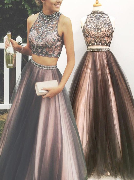 Two Piece High Neck Sleeveless Floor-Length Champagne Prom Dresses