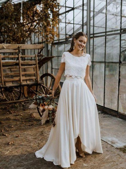 Rustic Sleeve Lace Crop Top 2 Piece Wedding Dress with Chiffon Skirt and  Pockets