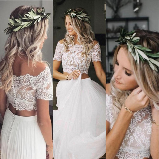 Sophisticated Two Piece Short Sleeves Beach Wedding Dress