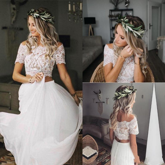 Sophisticated Two Piece Short Sleeves Beach Wedding Dress