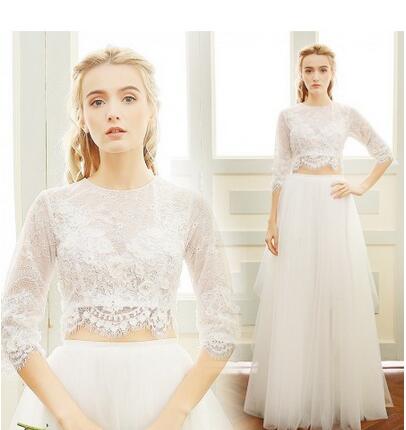 long sleeve high neck lace two piece wedding dress crop top wedding dress  20082691