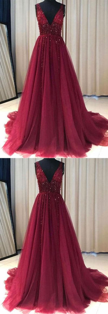 Cheap Red Prom Dress Tulle Lace Appliques V neck Prom Gown Wedding ...