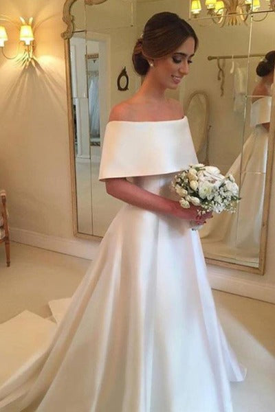 Cheap Wide Off Shoulder Collar Satin Plain Simple Wedding Dress,GDC126