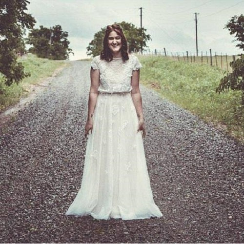 Unique Lace Cap Sleeves Crop Top Bridal Separates Two Piece