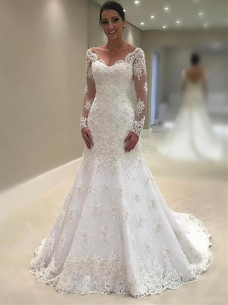 Open Back Lace Vintage Mermaid Long Wedding Dress with Sleeves