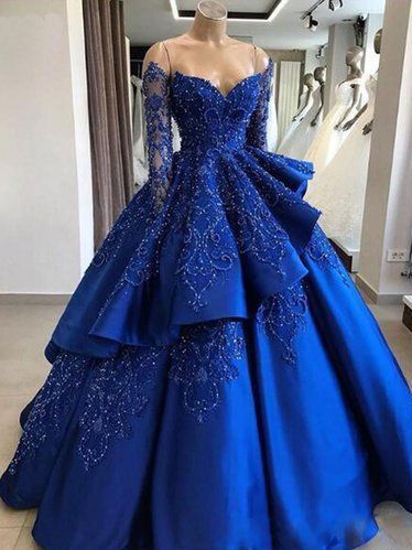 Delicate Sparkly Beading Ball Gown Satin Royal Blue Prom Dress with Sl ...