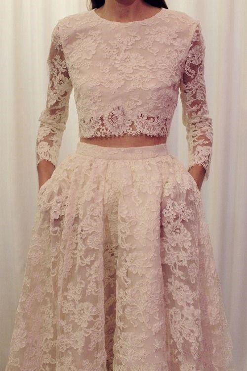 Modest Short Sleeves Two Piece Bridal Separates Crop Top Wedding Dress with  Pockets 20082678