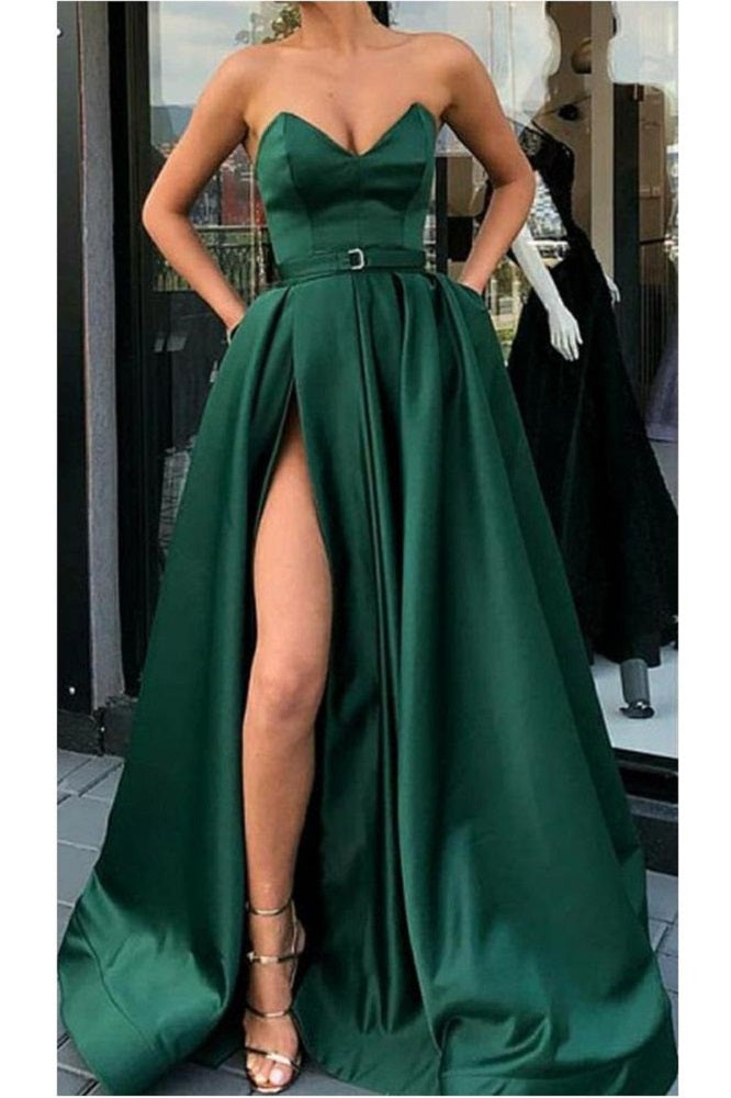 green flowy prom dress