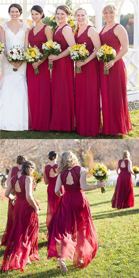 Rustic Maroon Lace Top Plus Size Bridesmaid Dresses, FS087