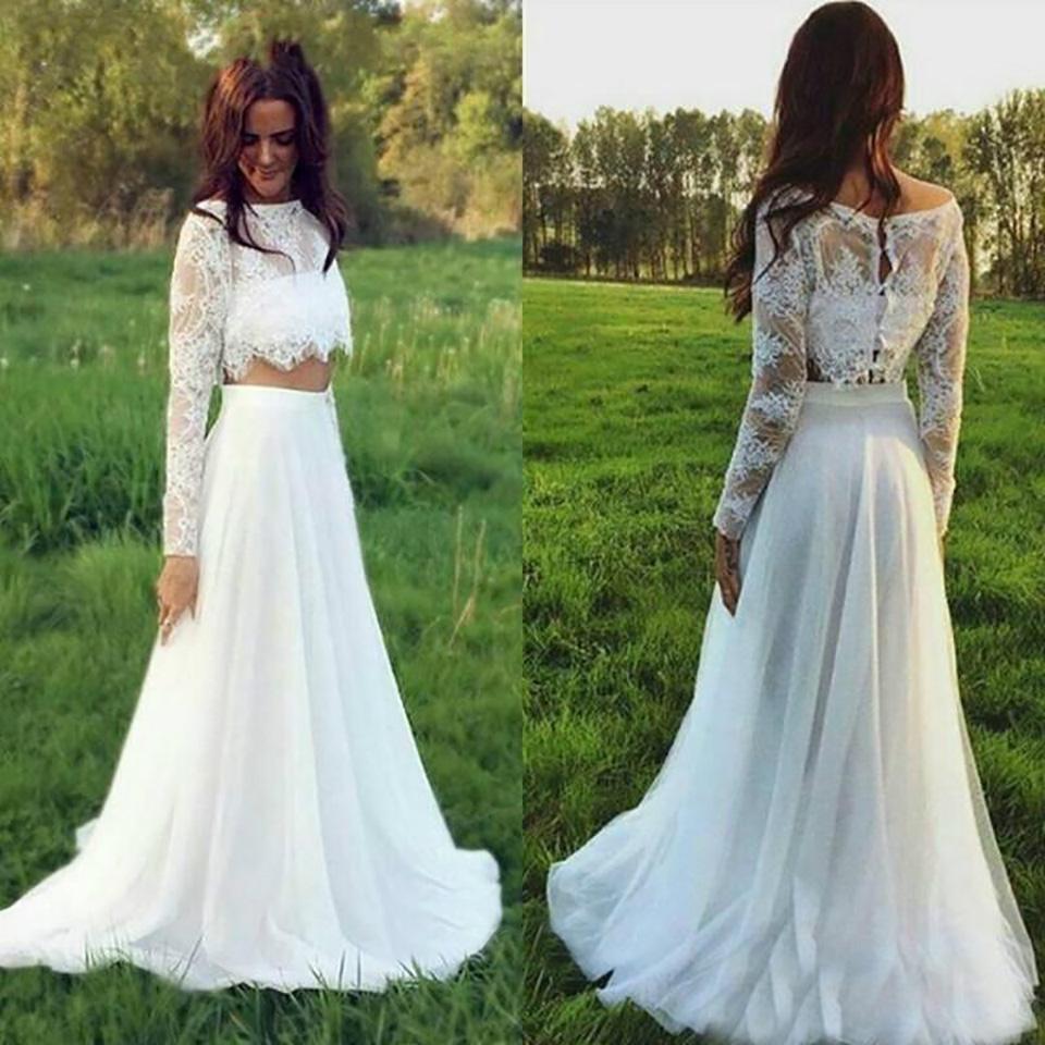 High Neck Lace Top Two Piece Wedding Dress Long Sleeves Bridal Separates With Tulle Skirt20082666 8779