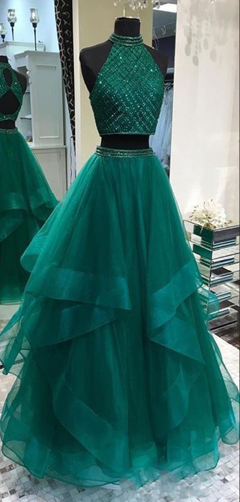 Illusion Two Piece Hunter Green Prom Dress with Delicate Beading Top ...