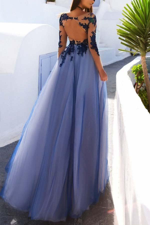 Blue Lace See Through Tulle Long Formal Prom Dress with Sleeves,GDC1226