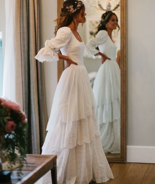 Casual Vintage Silk Wedding Dress with Long Sleeve