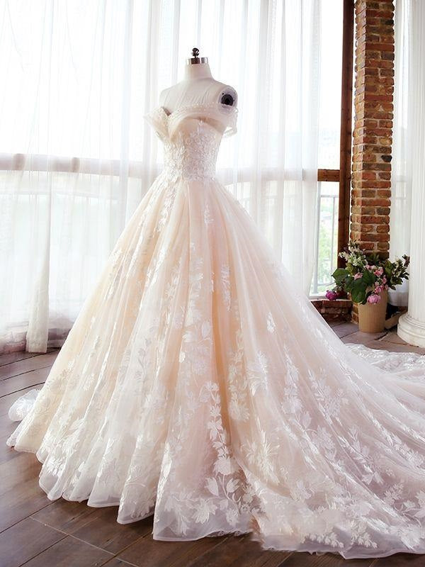 Luxury Champagne Lace Off Shoulders Poofy Ball Gown For Wedding Puffy Wedding Dress 20082203 8568