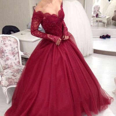 burgundy puffy prom dresses