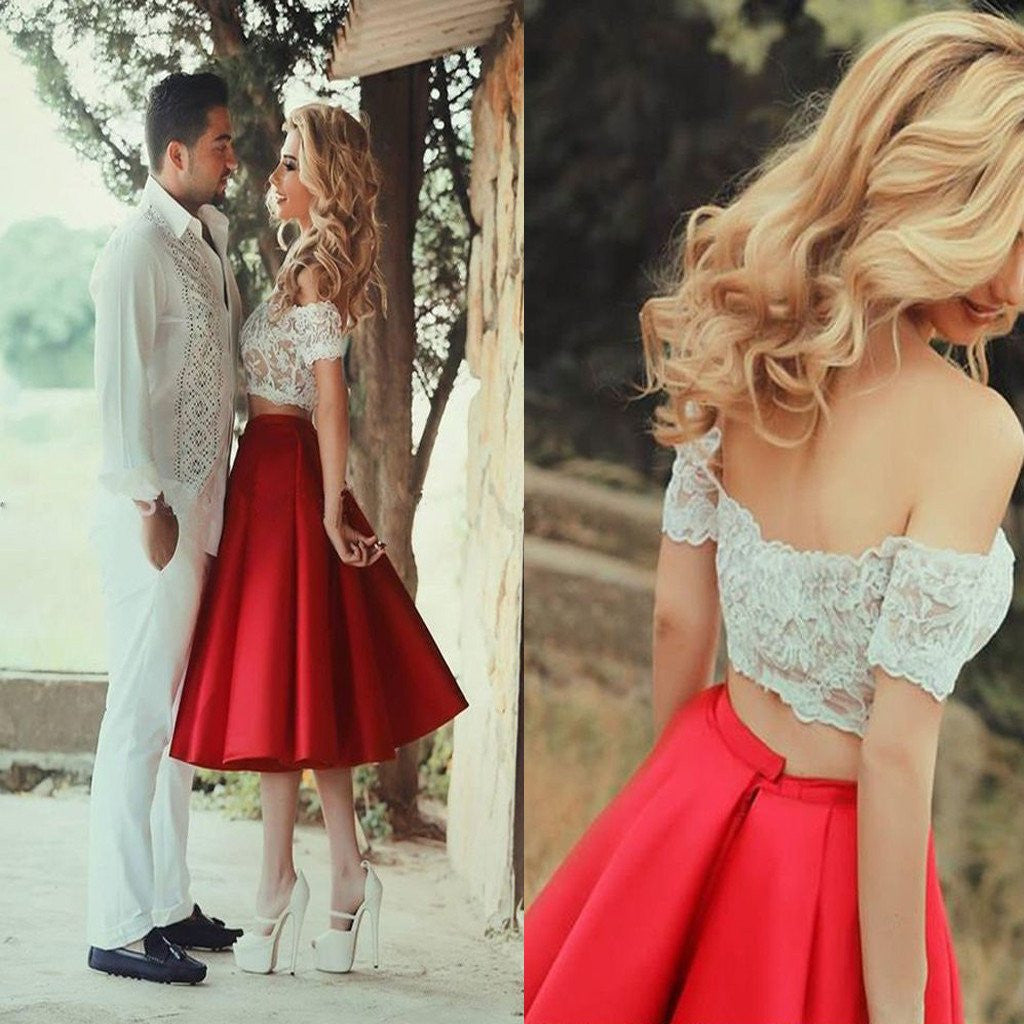 off the shoulder 2 piece prom dress