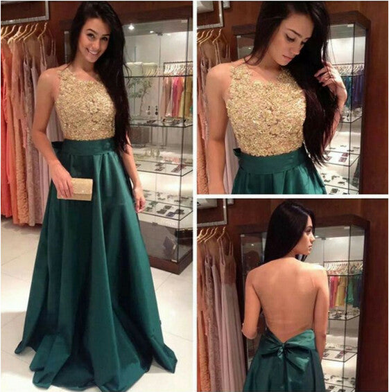 Green Prom Dress,Long Prom Dress, Prom Dress Gold Beading,Backless Prom ...