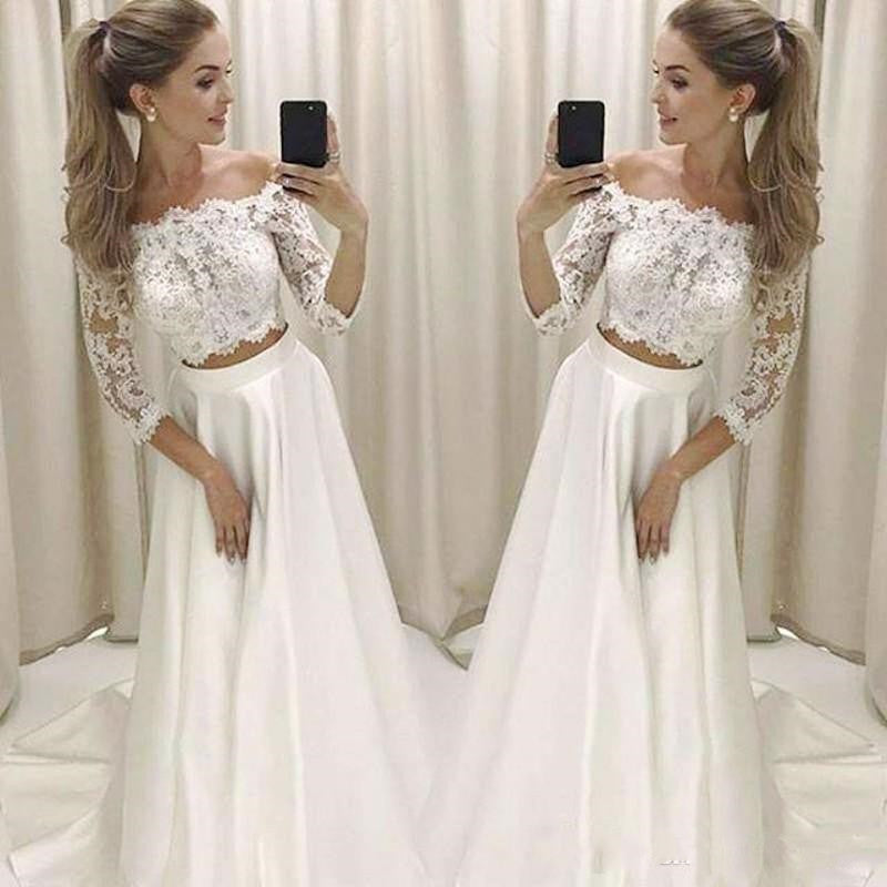 Modern Off the Shoulder Long Sleeve Crop Top Wedding Dress,Affordable ...