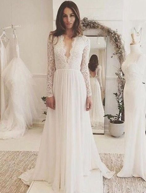 Modest Chiffon Long Lace Sleeves A Line Beach Wedding Dress Reception Dress Gdc1102