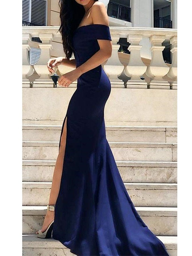 Navy Blue Stunning Off The Shoulder Bodycon Prom Dress With Slit20081616 