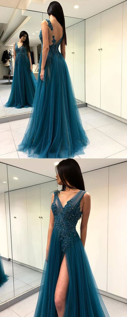 New Arrival Tulle Dusty Blue V neck A line Occasion Prom Dress with ...