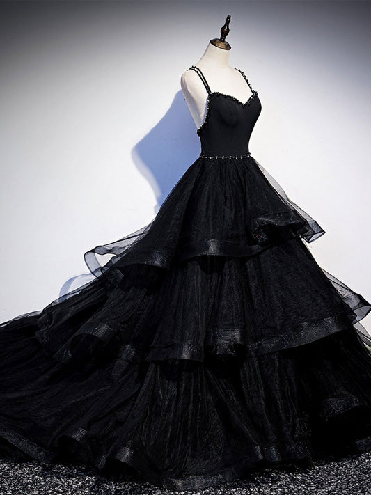 Black One Shoulder Tulle Sheer Lace Boho Prom Dress with High Slit