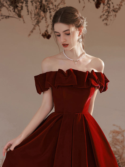 Cute A line velvet prom dress burgundy evening dress · Little Cute