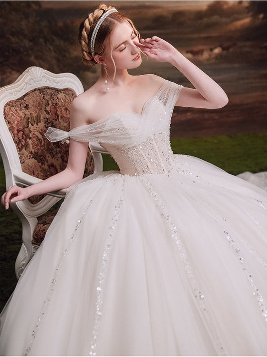 Princess Romantic Ruffle Illusion Neck Ball Gown Wedding Dress
