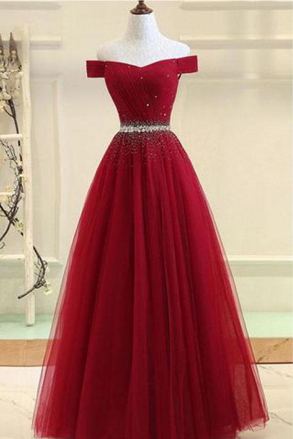 Off Shoulders Red Tulle Floor Length Prom Dress,8TH Grade Dance Dress