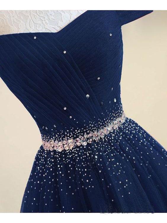 Off Shoulders Navy Blue Tulle Floor Length Prom Dress,8TH Grade Dance