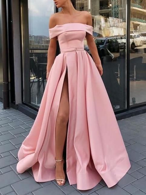 Off Shoulders Pink Simple Prom Dress 2021 A line Side Slit Prom Gown ...