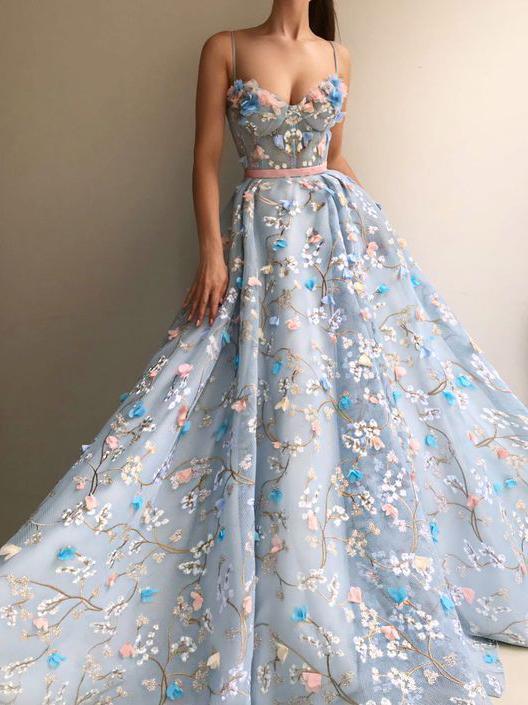 Princess Blue See Through Floral Spaghetti Straps A –line Prom Dress ...