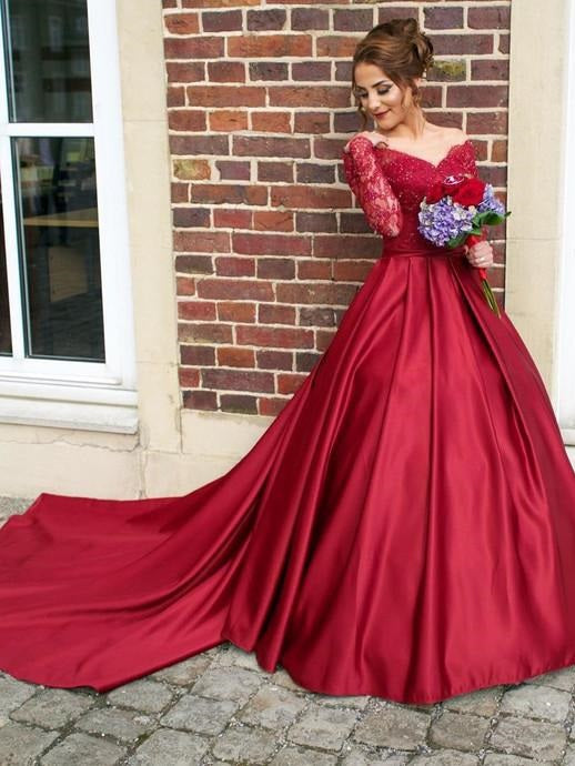 Elegant Long Sleeves Ball Gown Beading Wedding Dress With Flowers – Pgmdress